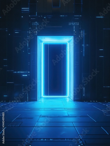 In this digital illustration  an open door against a blue background represents a futuristic science fiction concept of a doorway as a technology portal.