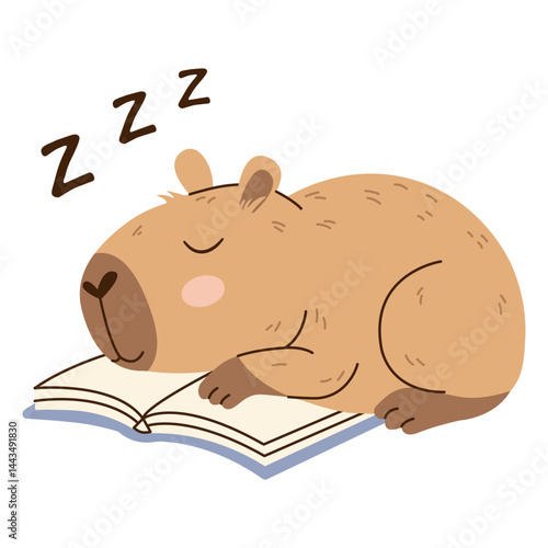 Adorable capybara sleeping on an open book. Flat vector illustration with soft colors and transparent background. Perfect for childrens projects, prints, and relaxation themes.