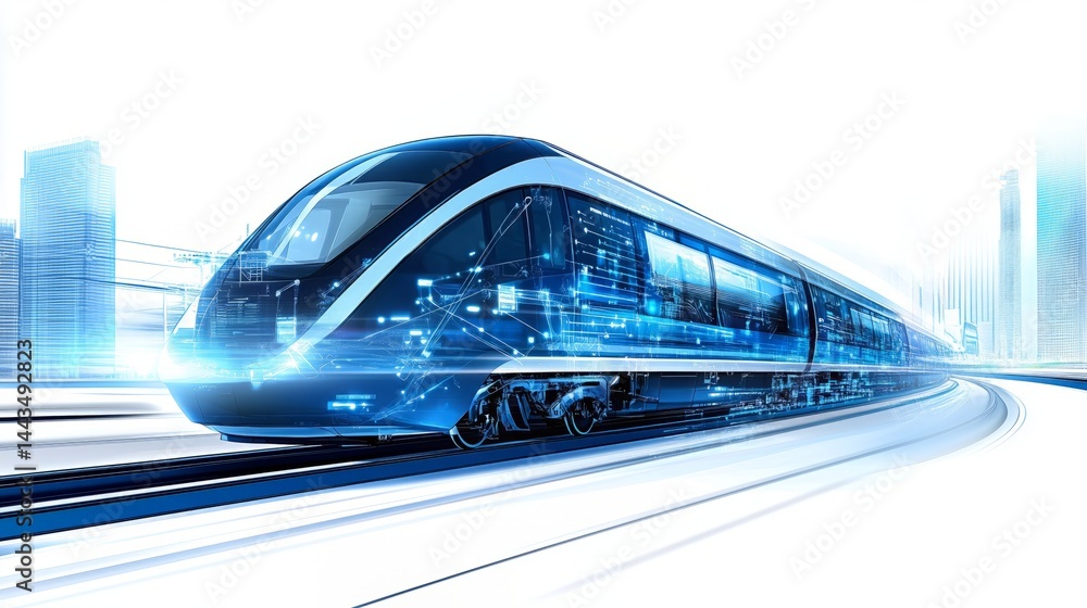 Naklejka premium A sleek, modern train with glowing blue lights speeding through a city. Modern and effective infrastructure, advanced technology concept.