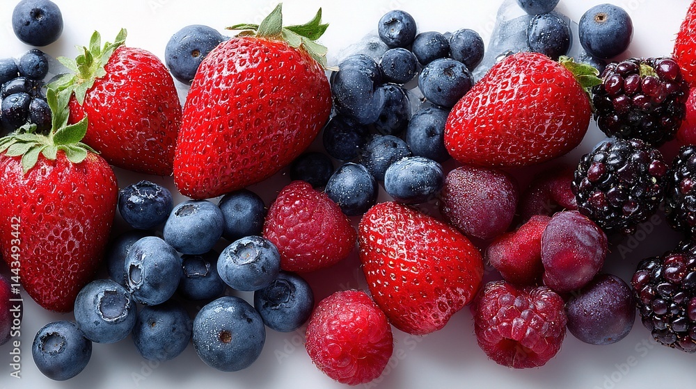 Fresh Healthy Berry Assortment with Red and Blue Fruits on White Surface Fresh Healthy Berry Assortment with Red and Blue Fruits on White Surface