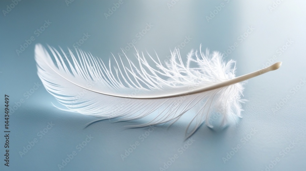 Obraz premium The image features a delicate white feather on a soft blue surface, capturing intricate details and texture, with a serene, airy, and minimalist aesthetic.