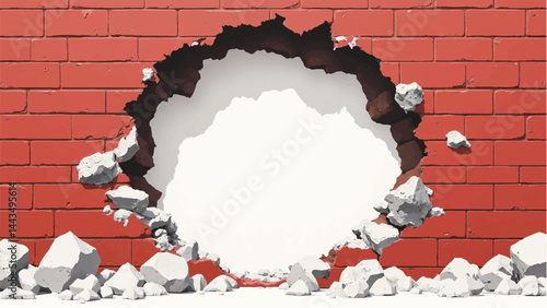 A hole in the brick wall with white background. Concrete brick wall. Hole in the red brick wall. Vector illustration.