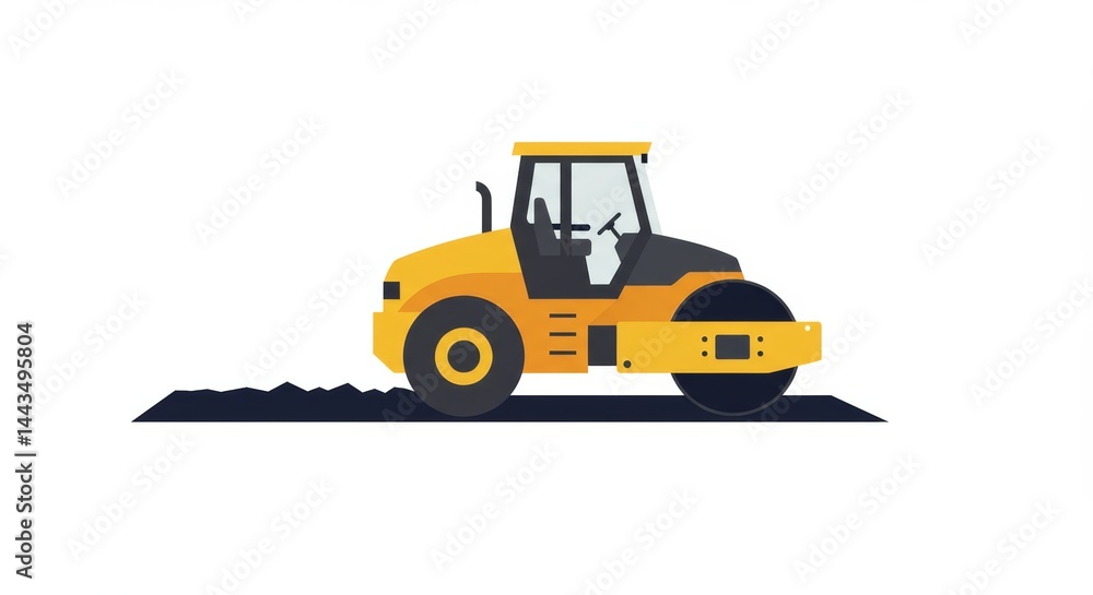 Minimalist graphic art of a road roller compacting asphalt on white backdrop Minimalist graphic art of a road roller compacting asphalt on white backdrop