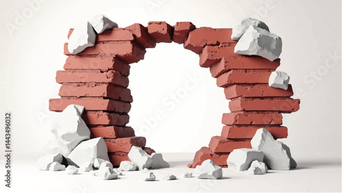 A hole in the brick wall with white background. Concrete brick wall. Hole in the red brick wall. Vector illustration.