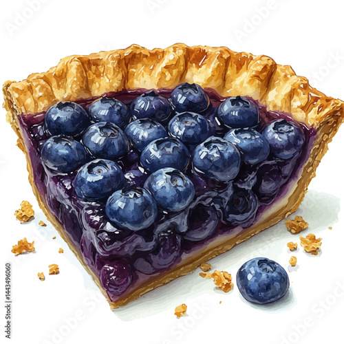 Slice Of Blueberry Pie With Crust Crumbs, watercolor vector, isolated on a white background.