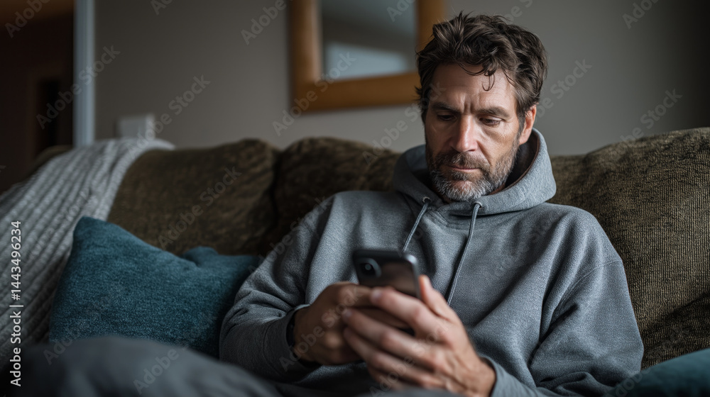 Fototapeta premium A relaxed man sits on a soft couch wearing a warm hoodie, focused on his smartphone. The cozy atmosphere of the living room enhances his moment of solitude and engagement