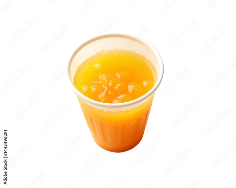Topdown View of Refreshing Orange Juice with Pulp in a Translucent Plastic Cup, Perfect for Breakfast or a Healthy Drink Concept, on Isolated Setup Topdown View of Refreshing Orange Juice with Pulp in a Translucent Plastic Cup, Perfect for Breakfast or a Healthy Drink Concept, on Isolated Setup