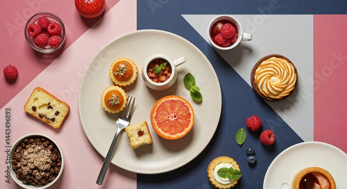 Wallpaper Mural Colorful Dessert Platter with Fruits and Sweets on Geometric Background   Torontodigital.ca