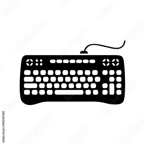 Minimalist vector art of a wired computer keyboard in black silhouette