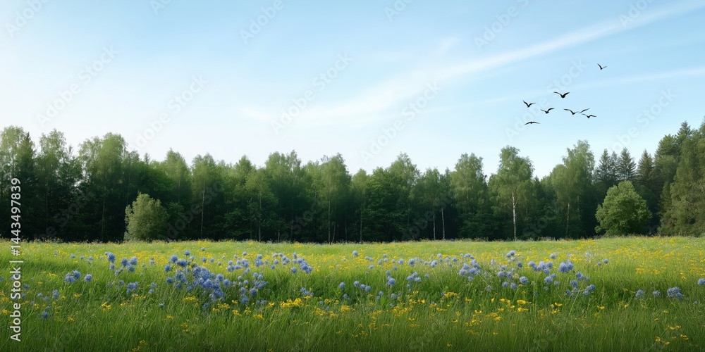 Fototapeta premium A field of flowers and trees with a blue sky in the background. The sky is clear and the sun is shining brightly