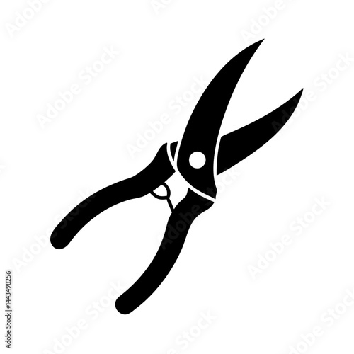 Silhouette image of pruning shears tool with curved blades and handles