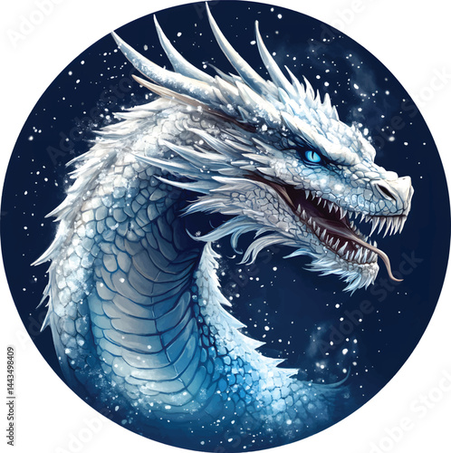 An isolated roaring ice dragon on white background, vector, png, t-shirt design