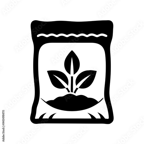 Black and white icon depicting a seed bag with sprouting plant