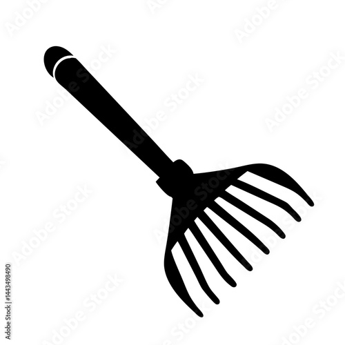 Silhouette image of a garden rake with a handle and tines