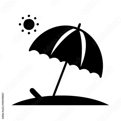 Black and white image of a beach umbrella with sunshine icon