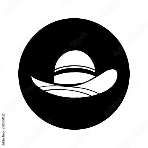 Stylized black and white drawing of a woman's sun hat in a circle