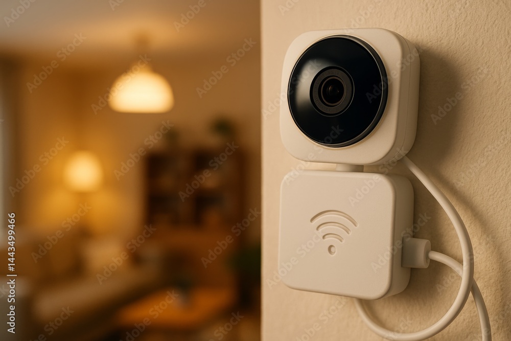 Home Security Camera Mounted on Wall Providing Surveillance for Living Room Setup