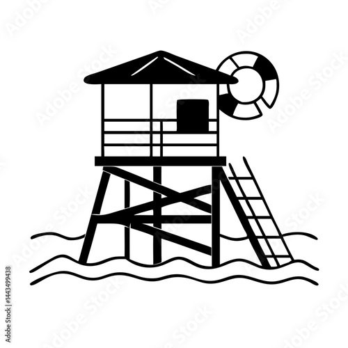 Black and white lifeguard station on the beach, a coastal haven