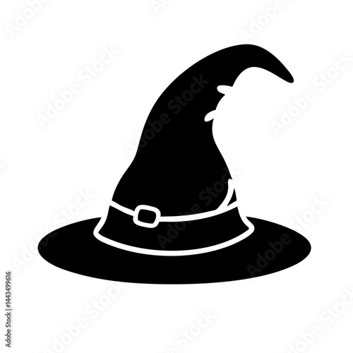 Simple, stylized black and white illustration of a classic witch's hat