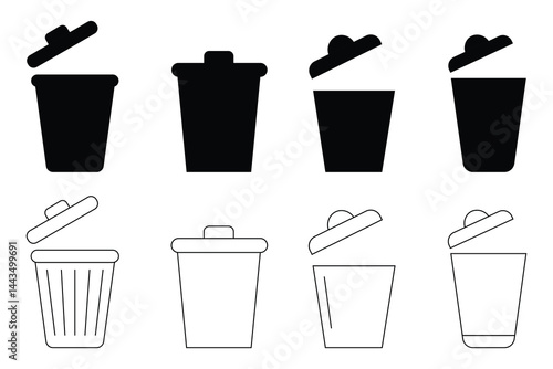 Trash line icon set vector on whtie background. an, bin, garbage can, waste container, recycling bin icon set vector