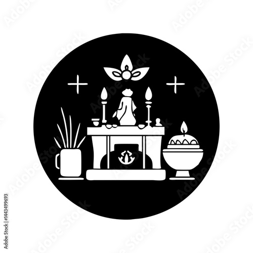 Stylized monochrome illustration of a traditional altar with religious and cultural objects