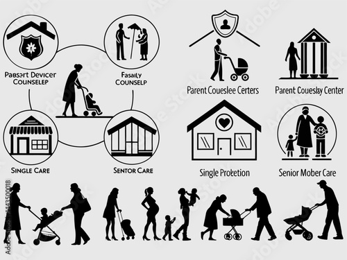 Web Family, relationship icon set. Vector glyph pictograms of couple, parent, child, elderly people, pregnancy, parenting, community, single mother,
