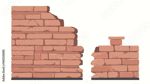 A set of two ruined brick walls with a white background. Two brick walls. Vector illustration. 