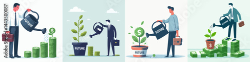 a happy person is watering a money shaped plant vector flatdesign style
