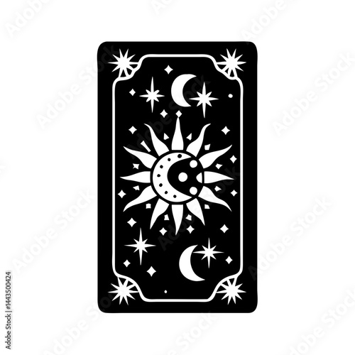 Mystical celestial tarot card illustration with sun, moon and stars in black
