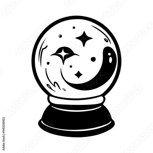 Enchanting Black and White Fortune Telling Crystal Ball with Stars and Ghostly Figure