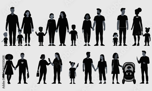 Family, relationship icon set. Vector glyph pictograms of couple, parent, child, elderly people, pregnancy, parenting, community, single mother, social care black silhouette illustration.