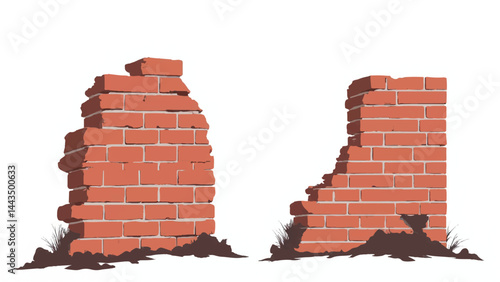 A set of two ruined brick walls with a white background. Two brick walls. Vector illustration. 