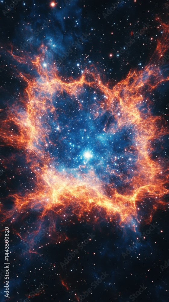 A stunning view of a cosmic nebula, featuring vibrant orange and blue hues swirling in the depths of space. A stunning view of a cosmic nebula, featuring vibrant orange and blue hues swirling in the depths of space.