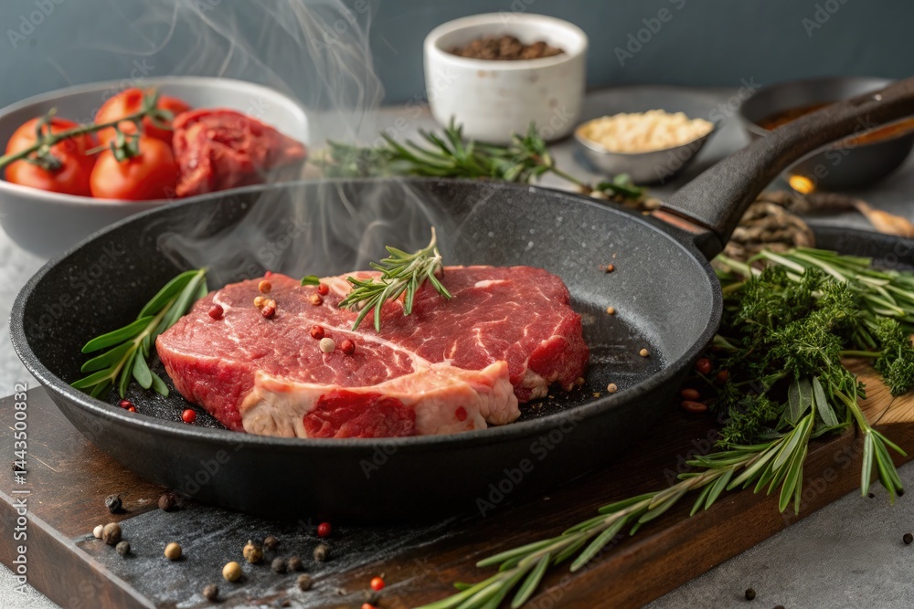 Juicy Steak Sizzling With Herbs in a Frying Pan on the Stove Generative AI Juicy Steak Sizzling With Herbs in a Frying Pan on the Stove Generative AI