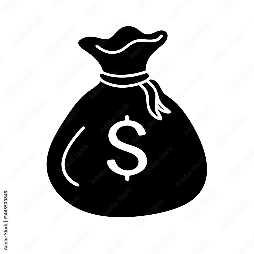 A black silhouette of a money bag with a dollar sign symbol A black silhouette of a money bag with a dollar sign symbol