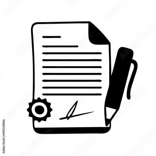 Stylized Document with Seal and Signature Accompanied by a Pen Illustration
