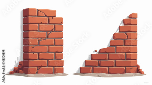 A set of two ruined brick walls with a white background. Two brick walls. Vector illustration. 
