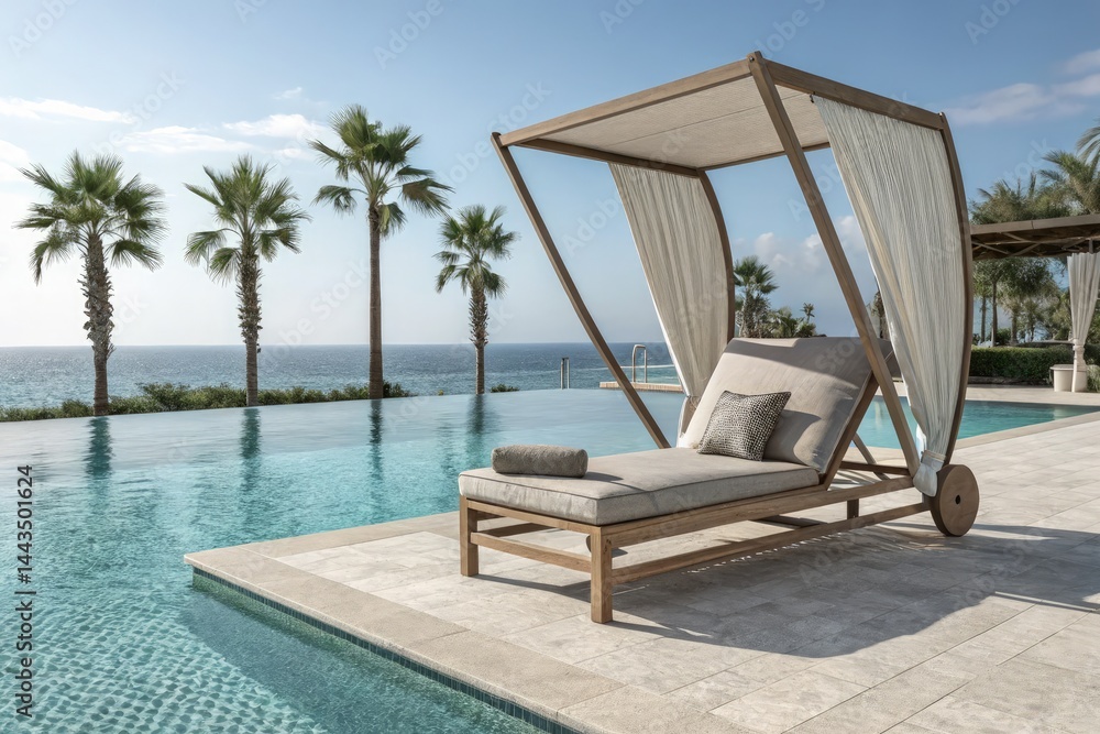Fototapeta premium Relaxing Poolside Lounge Chair With Ocean View and Palm Trees Generative AI