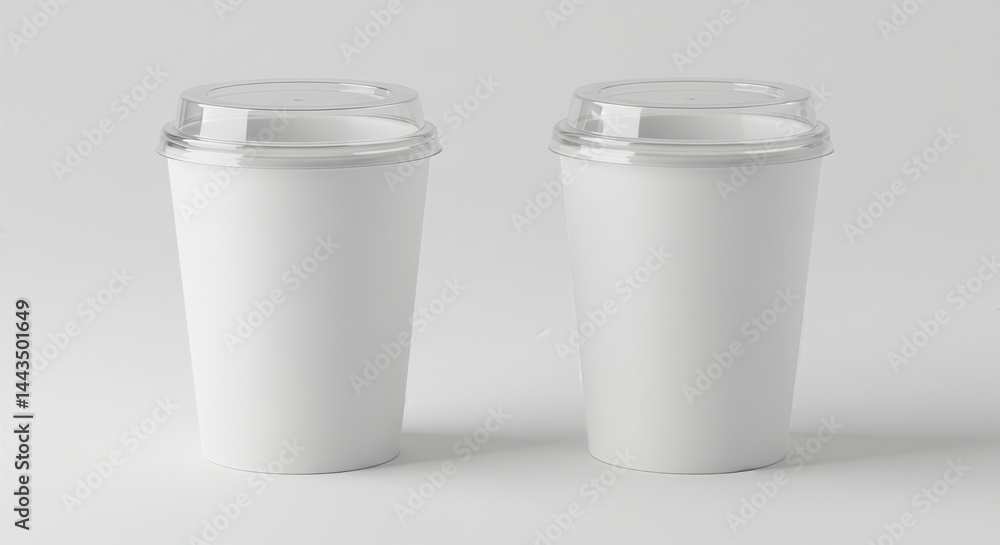 Two Blank White Paper Coffee Cups with Clear Lids Mockup Two Blank White Paper Coffee Cups with Clear Lids Mockup