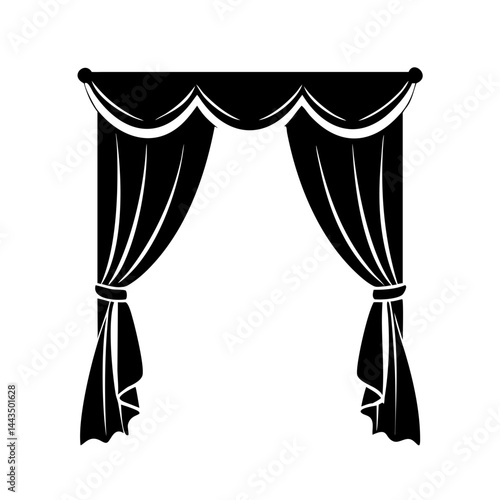 Elegant Monochrome Illustration of Curtains with Pelmet and Tie Backs Design