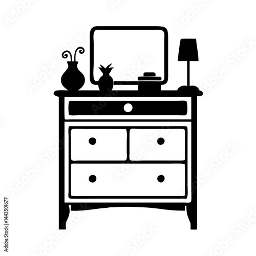 Black silhouette illustration of a chest of drawers with mirror