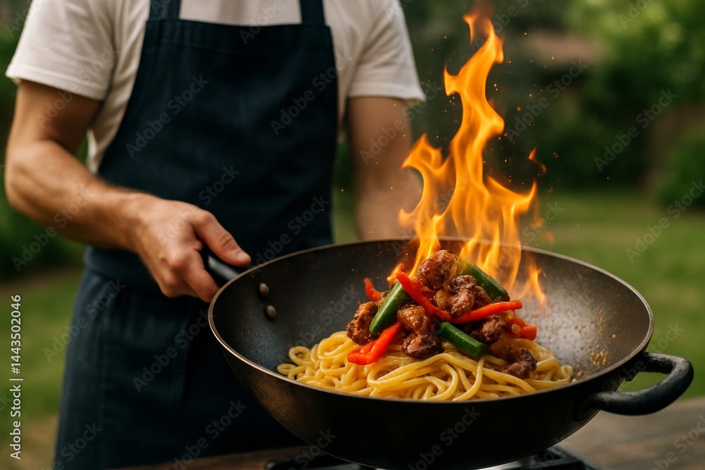 Cooking Spaghetti With Beef and Vegetables Creating Dramatic Flames Outdoors