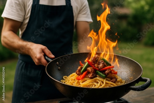 Obraz na płótnie Cooking Spaghetti With Beef and Vegetables Creating Dramatic Flames Outdoors w salonie