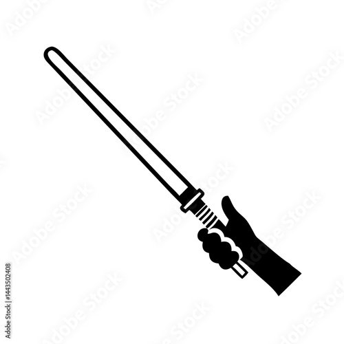 Black and white illustration of a hand holding a light saber prop