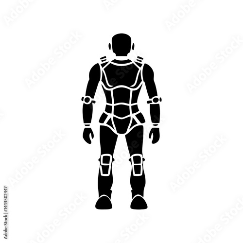 Silhouette of person wearing futuristic armored suit with various protective gear
