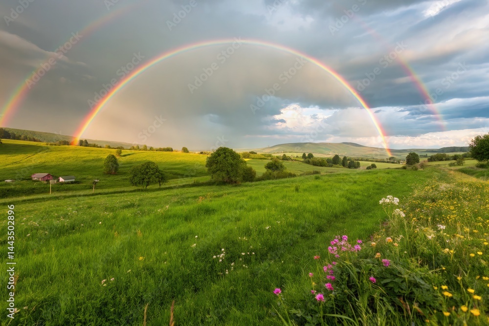Naklejka premium Two Vibrant Rainbows Over a Lush Green Field in Springtime Generative AI