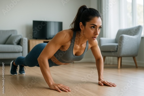 Fitness Enthusiast Performs Push-Ups at Home in a Stylish Living Room During ...