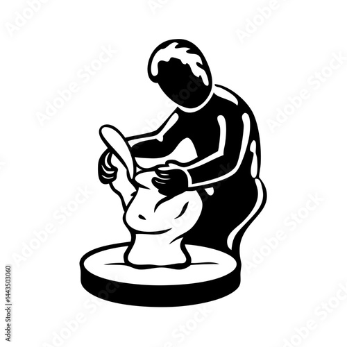 Monochrome vector illustration of a potter shaping clay on a spinning wheel