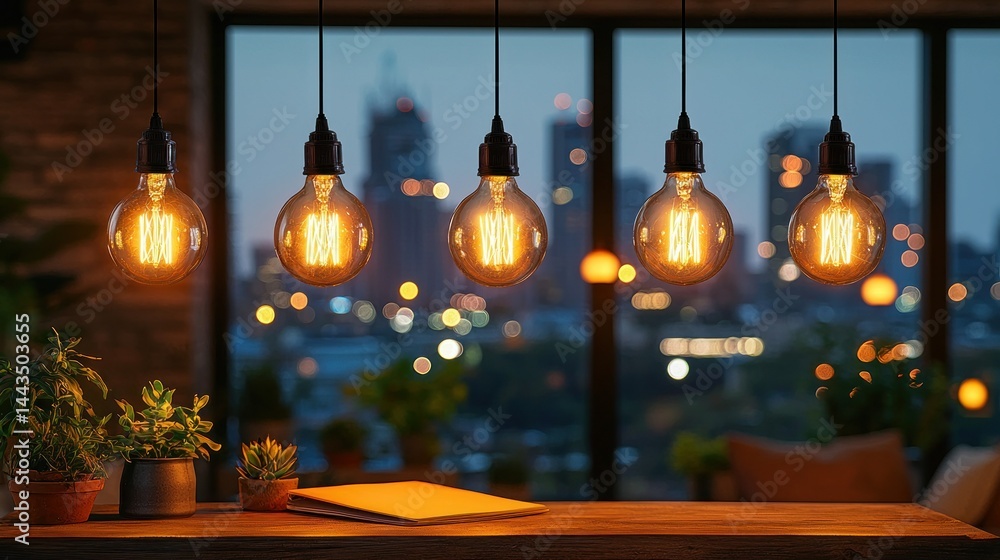 Obraz premium Warm, Edison-style lights over a wooden table, city view
