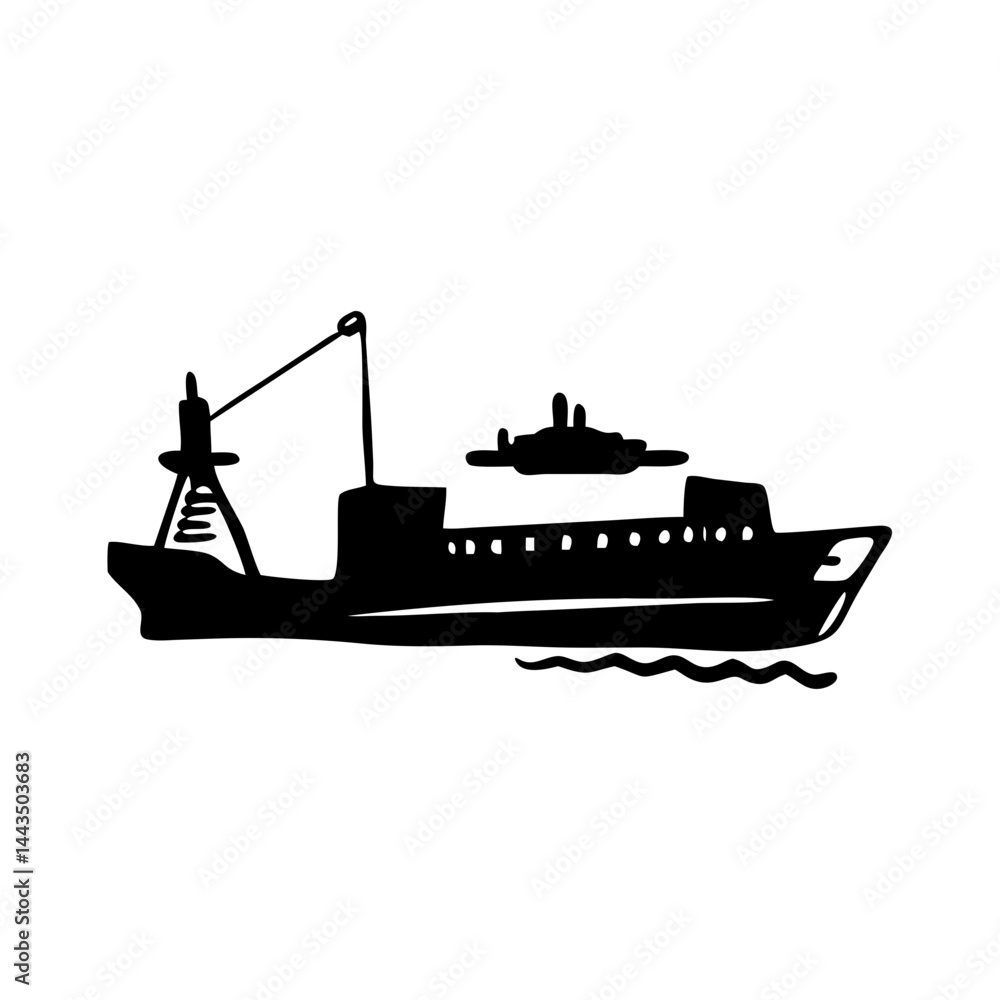 Obraz premium Black silhouette of a cargo ship on water in doodle style